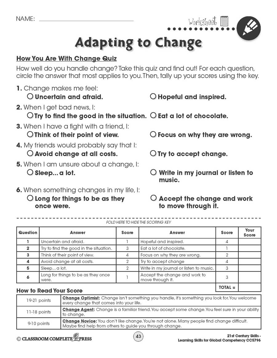 Learning Skills for Global Competency: How You Are With Change Quiz Gr. 3-12 - WORKSHEETS - eBook
